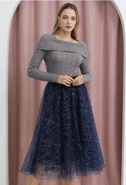 Jupe midi en tulle double épaisseur brodée de paillettes en bleu marine