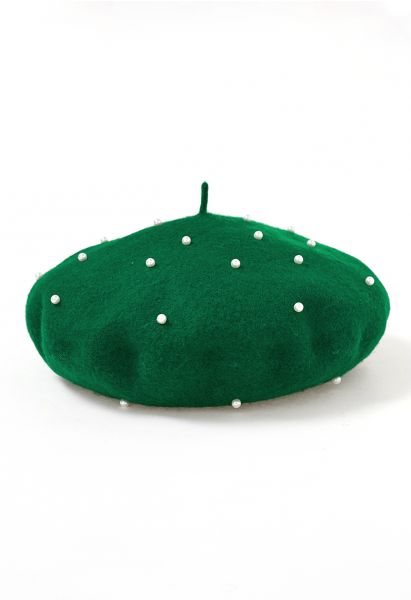 Chapeau béret en mélange de laine perlée fait à la main en vert foncé