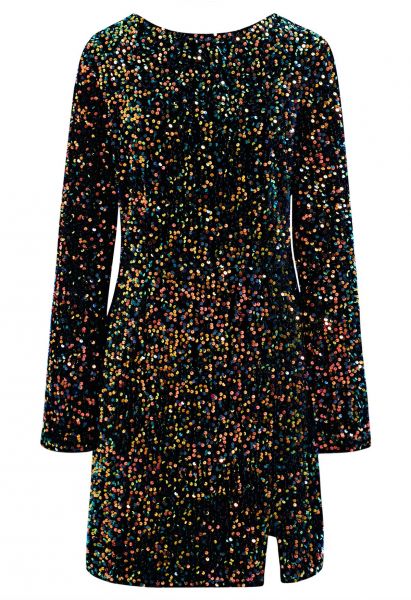 Mini-robe à sequins irisés avec dos ouvert en noir