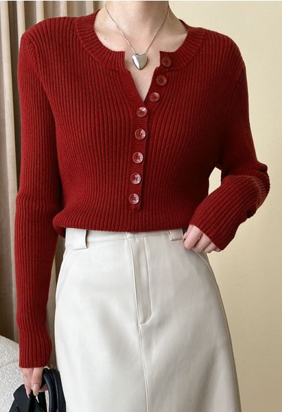 Haut en tricot côtelé polyvalent boutonné sur le devant en rouge