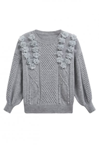 Pull en tricot nacré à fleurs 3D en gris