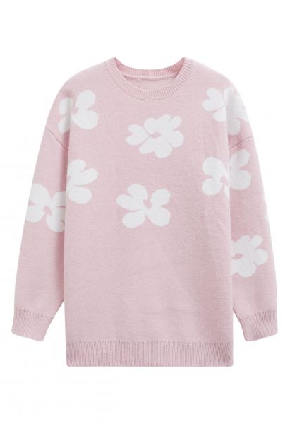 Pull en tricot à motif floral contrasté en rose
