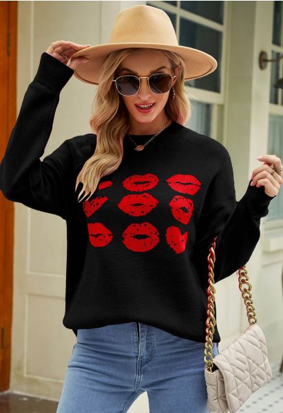 Pull en tricot à motif lèvres rouges en noir
