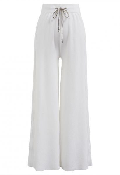 Pantalon en tricot côtelé avec cordon de serrage à la taille, blanc