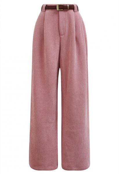 Pantalon droit à ceinture en velours côtelé doublé de polaire en rose