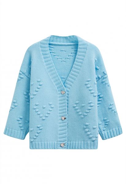 Cardigan en tricot boutonné avec cœurs à pompons en bleu