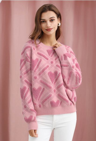 Blushing Love - Pull en tricot à cœur rose pelucheux