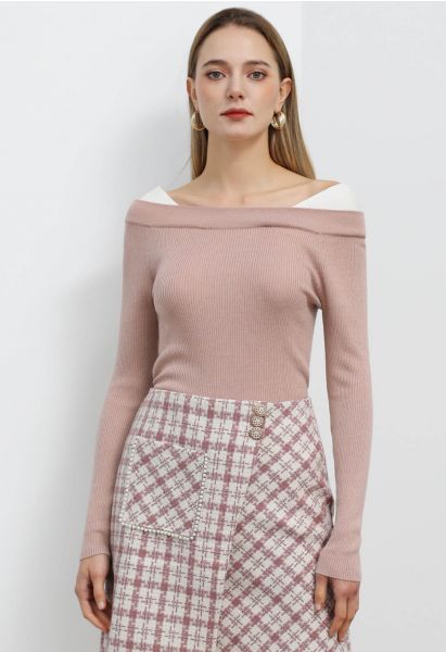 Haut en tricot à encolure color block en rose