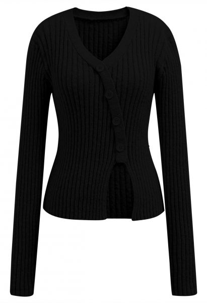 Haut en tricot côtelé à ourlet fendu et bordure boutonnée en noir