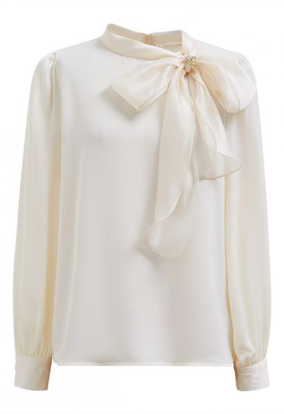 Self-Tie Bowknot Floral Brooch Satin Shirt in Cream