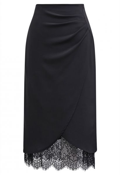 Lace Inserted Tulip Midi Skirt in Black