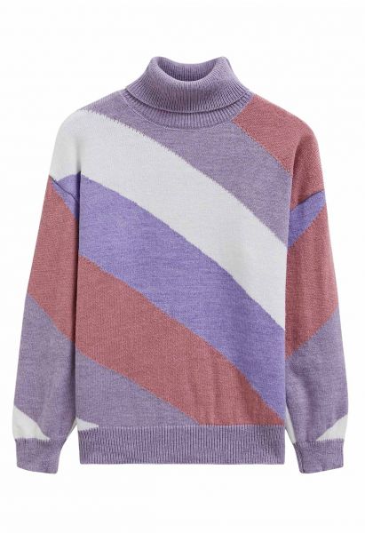 Pull en tricot à col roulé rayé color block en violet