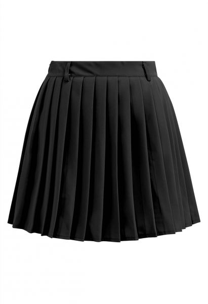 Classic Pleated Mini Skirt with Belt in Black