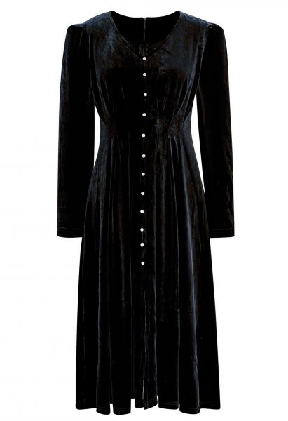 Rhinestone Embellished Velvet Midi Dress in Black