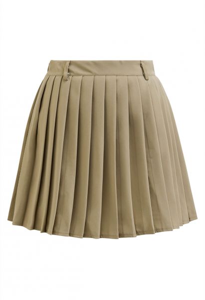 Classic Pleated Mini Skirt with Belt in Light Tan