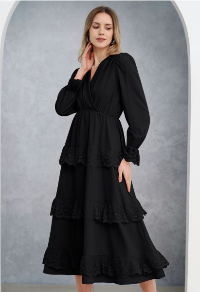 Lace Tiered Wrap Chiffon Midi Dress in Black