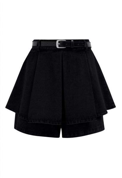 Mini-jupe-short en jean avec ceinture plissée sur le devant, noir