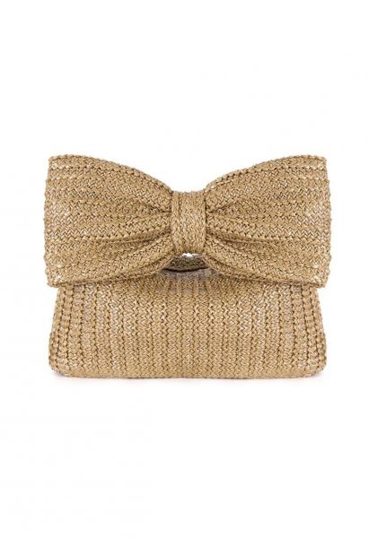 Pochette en paille tressée Bowknot en kaki