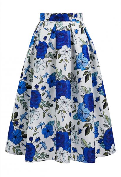 Shimmer Blue Rose Pleated Flare Midi Skirt