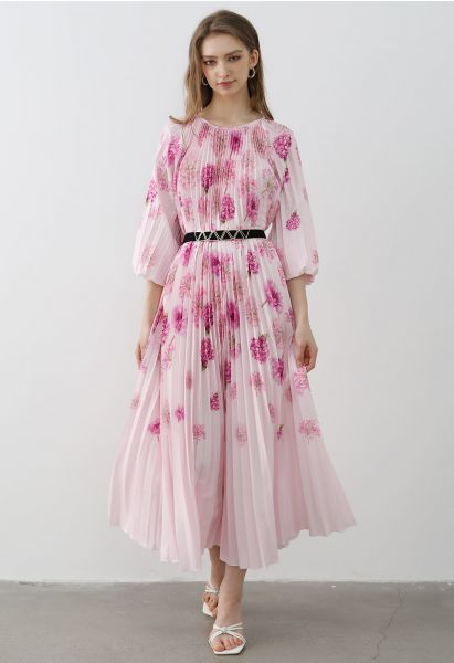 Blossoming Day - Robe longue plissée aquarelle en rose