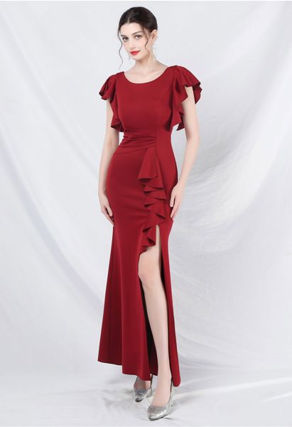 Glamorous - Robe sirène fendue avec bordure à volants en rouge