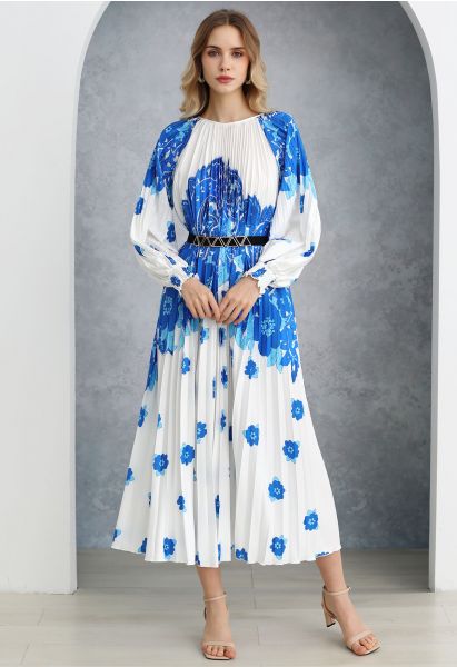 Blossoming Day - Robe longue plissée aquarelle en bleu