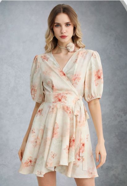 Mini-robe portefeuille fleurie corail aquarelle avec tour de cou