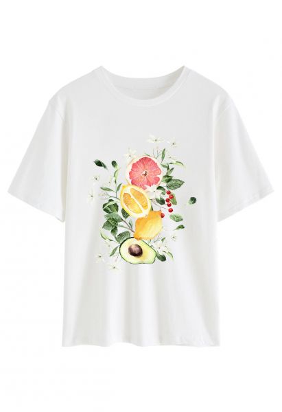 T-shirt à col rond imprimé de fruits colorés
