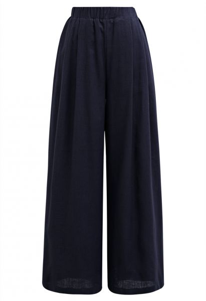 Pantalon large en lin mélangé avec poches latérales, bleu marine