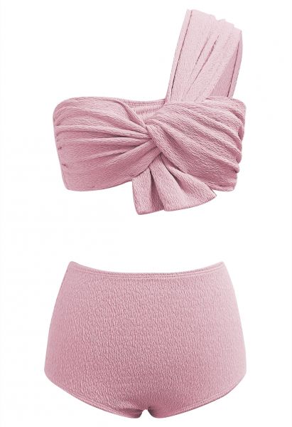 Ensemble de bikini texturé noué à une épaule en rose