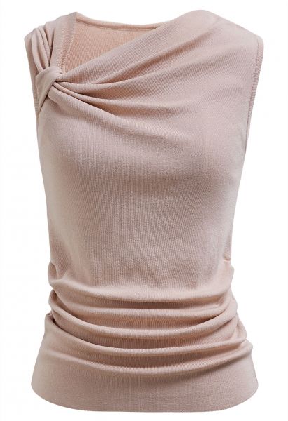 Haut en tricot sans manches froncé avec nœud latéral en rose