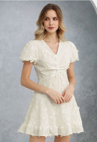 Mini-robe en coton à manches bulles 3D Daisy en crème