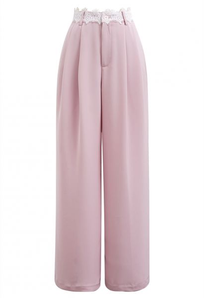 Pantalon droit plissé à taille en dentelle en rose
