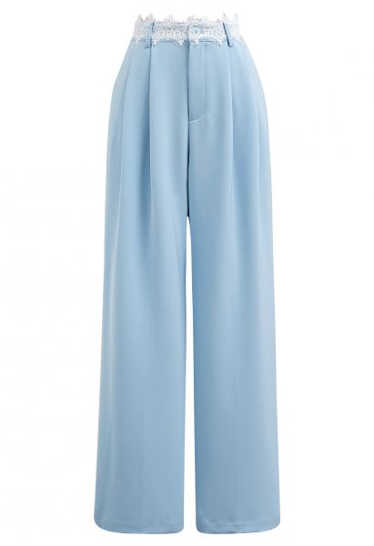 Pantalon droit plissé à taille en dentelle en bleu