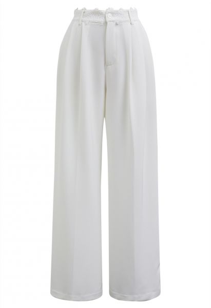 Pantalon droit plissé à taille en dentelle en blanc