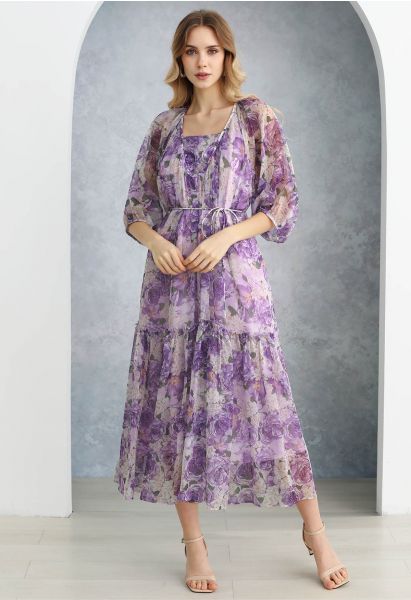Robe Dolly Gauzy à imprimé floral et manches bulles en violet