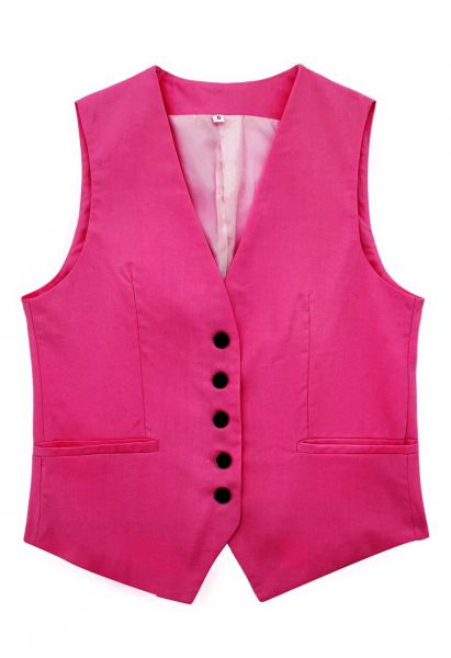 Gilet boutonné en mélange de lin à col en V en rose vif