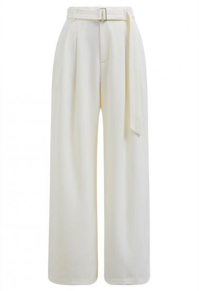 Pantalon plissé avec poche latérale et ceinture en ivoire