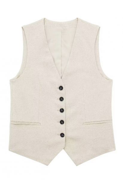 Gilet boutonné en mélange de lin à col en V en lin