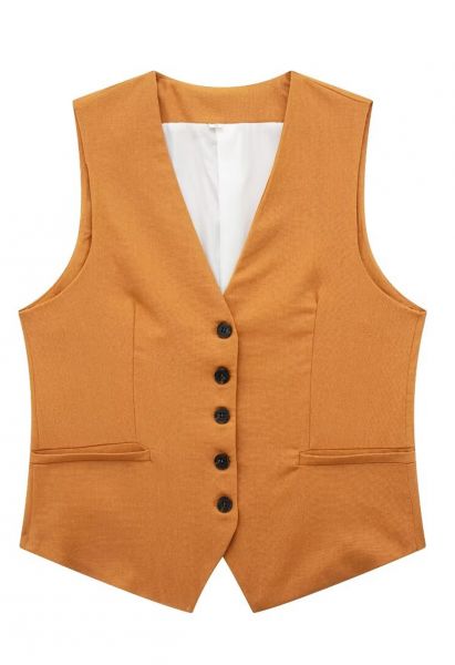 Gilet boutonné en mélange de lin à col en V en citrouille