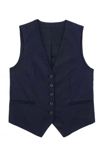 Gilet boutonné en mélange de lin à col en V, bleu marine