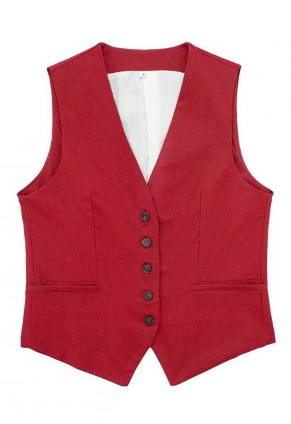 Gilet boutonné en mélange de lin à col en V en rouge