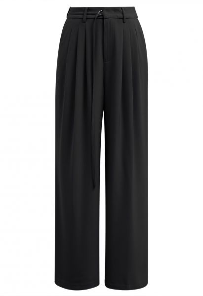 Pantalon droit plissé à ceinture réglable en noir
