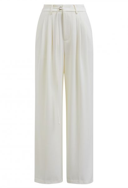 Pantalon droit plissé à ceinture réglable en crème