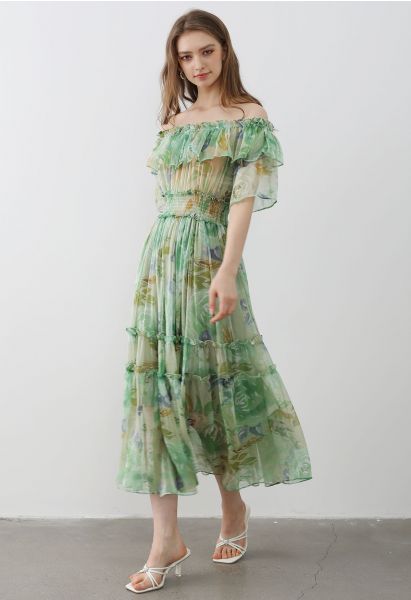 Summer Days - Robe florale en mousseline à volants et épaules dénudées - Vert