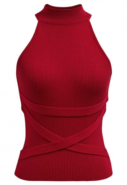 Haut en tricot dos nu sans manches avec ruban croisé en rouge