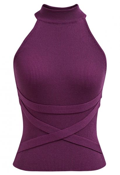 Haut en tricot dos nu sans manches avec ruban croisé en violet
