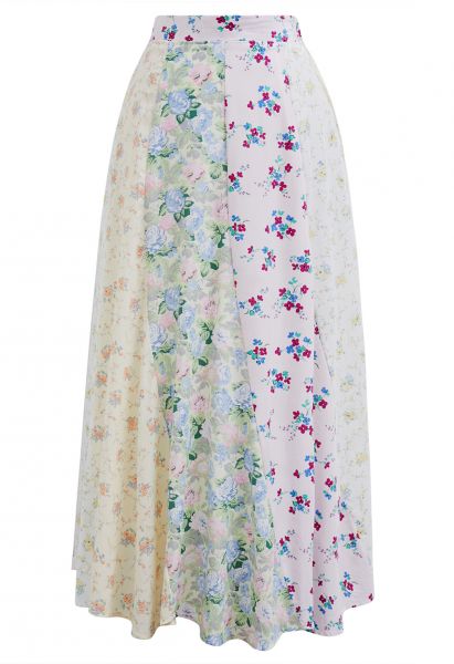 Jupe longue asymétrique en coton à patchwork floral 