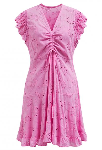 Mini-robe brodée à œillets et cordon de serrage sur le devant, rose