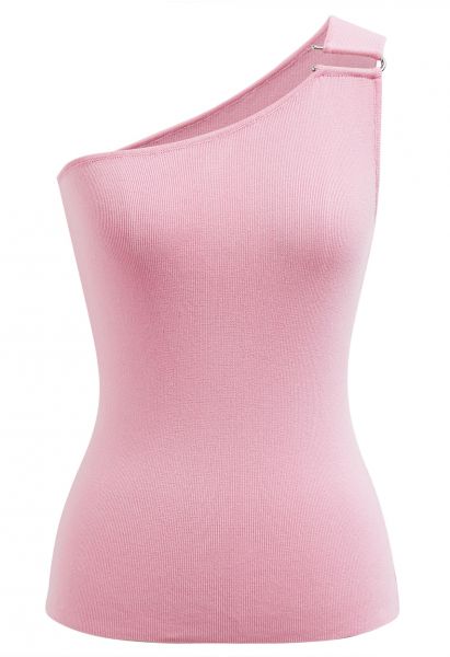Haut en tricot à une épaule en forme de U à décor métallique en rose